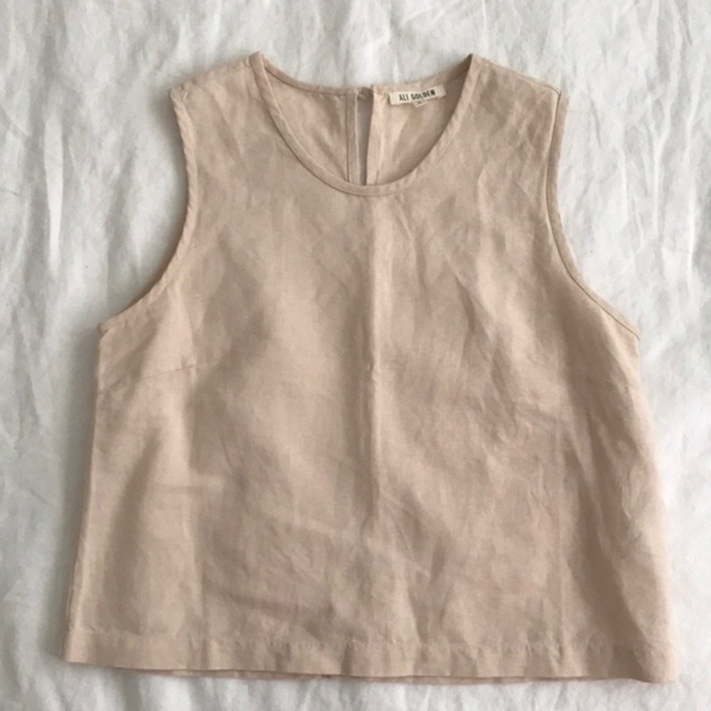Ali Golden cropped crew neck linen tank top small blush cream